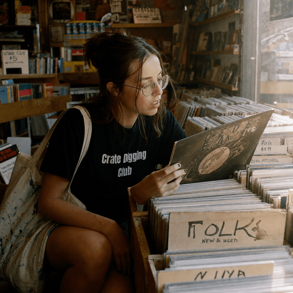 Browsing records in a vintage shop